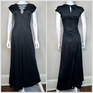 Vintage 1970s Vampy Black Maxi Dress, Scalloped Sheer Panel, Young Innocent, XXS